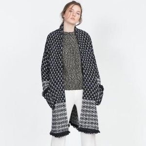 Zara | Navy & White Long Nordic Sweater Jacket